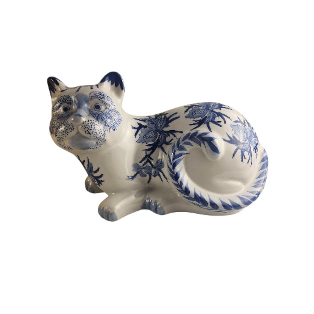 Vintage Chinoiserie Blue & White Porcelain Cat Figurine Hand-Painted